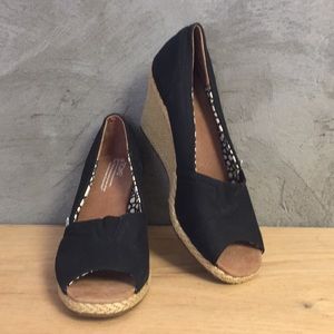 TOMS Black Canvas Open Toe Wedge Shoes